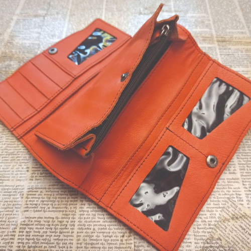 Leather wallet new, orange with black stitching
