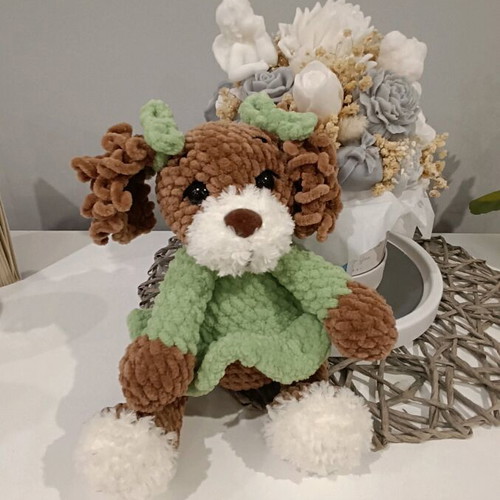 Handmade crocheted dog new with plush yarn and green dress