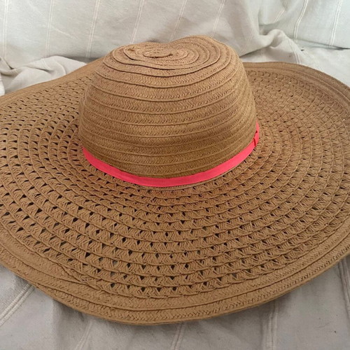 Ladies beach hat, beige with pink band