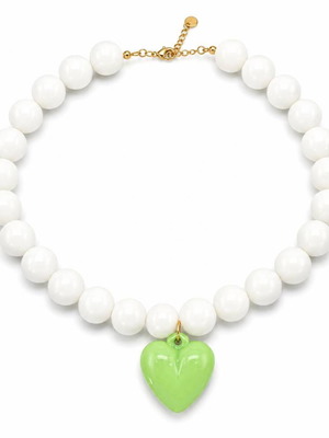 Necklace with White Acrylic Beads and Green Heart Pendant, New