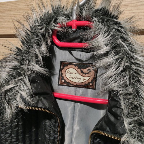 Rene Dehry black mid-length jacket like new with quilted design and faux fur