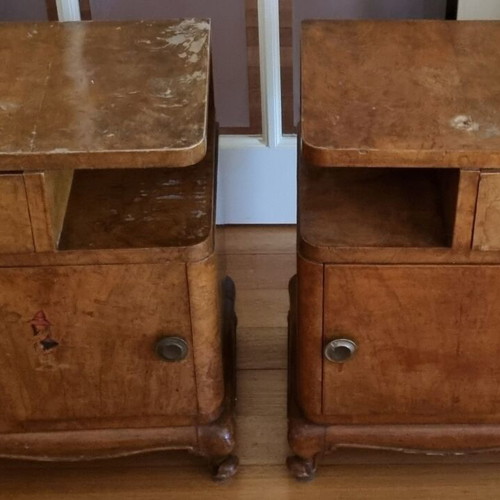 Vintage Art Deco nightstands used, walnut veneer, set of two