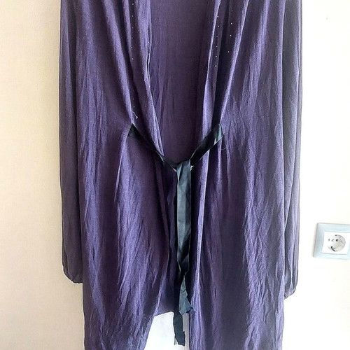 Best Manuel purple sheer cardigan with satin ribbon, size Medium