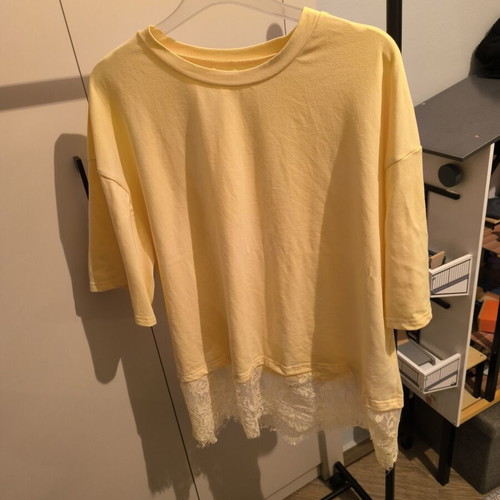 Shein yellow cotton t shirt with lace new, size L