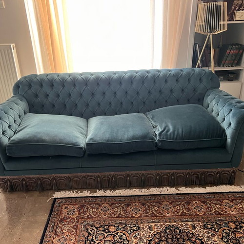 Vintage Spanish Chesterfield sofa set 3+2+armchair used, velvet petrol