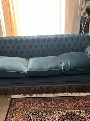 Vintage Spanish Chesterfield sofa set 3+2+armchair used, velvet petrol