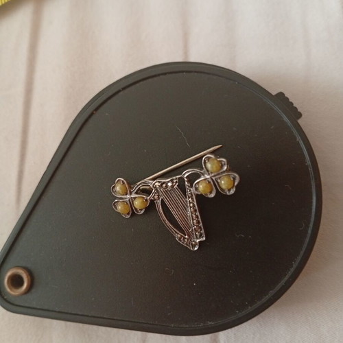Vintage Irish brooch used, sterling silver with marble shamrocks