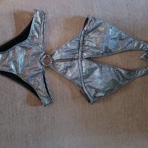 Women's swimsuit new, silver, with removable cup bra, sizes S and M