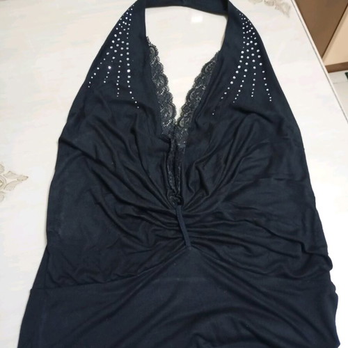 Caramella black elastic halter top with lace and rhinestones like new