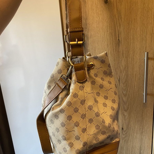 Thiros Monogram Bucket Bag like new, beige and camel crossbody