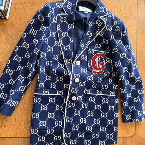 Gucci GG Jacquard Blazer Navy Ivory Wool Jacket Size 42