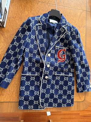 Gucci GG Jacquard Blazer Navy Ivory Wool Jacket Size 42