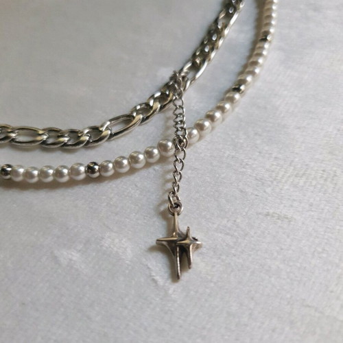 Double Layered Pearl Necklace with Stainless Steel Chain and North Star Pendant like new