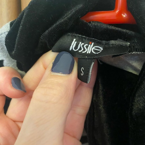 Lussile blouse like new with turtleneck and velour details, black and gray, size S