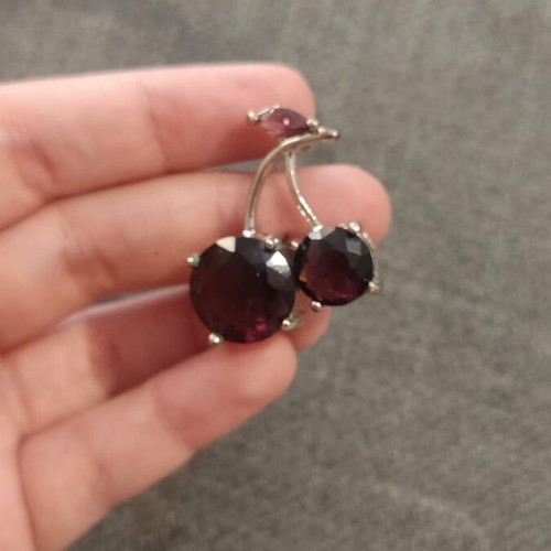 Cherry brooch new, silver tone with purple stones