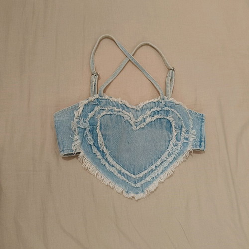 Denim crop top used heart-shaped Bershka, white and blue