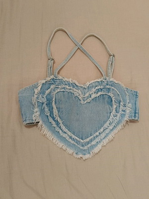 Denim crop top used heart-shaped Bershka, white and blue