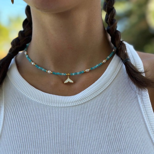 Necklace new stainless steel with pearls and semi-precious stones