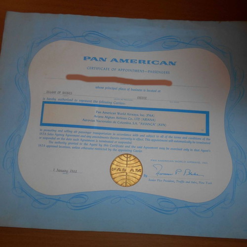 Original Pan American Customer Service Certificate 1968 used