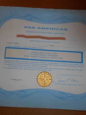 Original Pan American Customer Service Certificate 1968 used