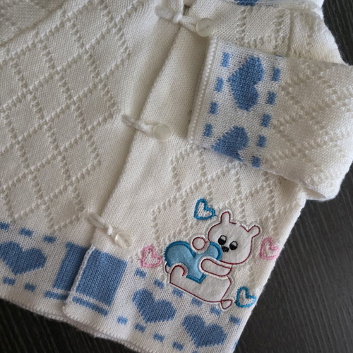 Baby knitted jacket with hood used, unisex, white and blue, 6-12 months