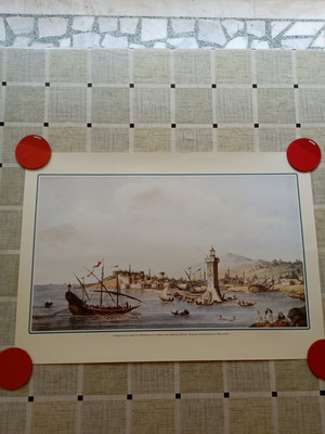 Decorative print of Mytilene lighthouse and harbor, 18th century, new