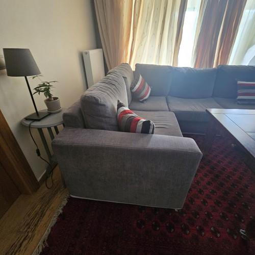 Corner sofa used, solid beech wood, gray, with ottoman extension
