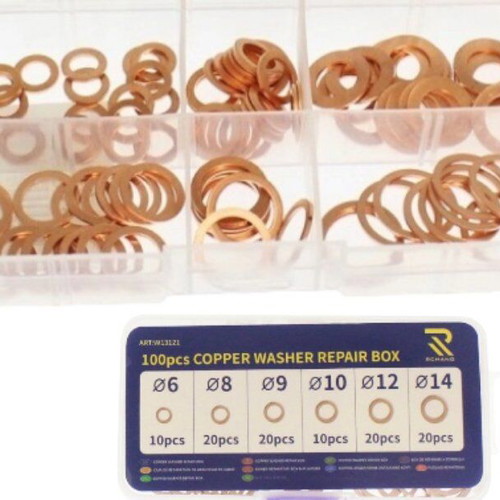 Copper washers set 100 pieces new, 6 sizes in plastic case