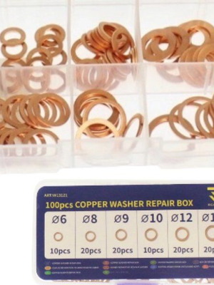 Copper washers set 100 pieces new, 6 sizes in plastic case