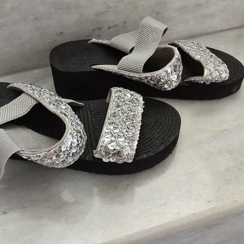 Platform sandals like new, black with silver sequins and grey elastic straps