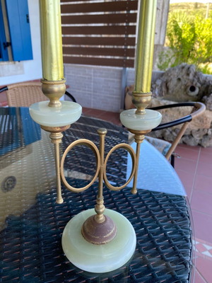 Double candlestick used, vintage green marble and metal