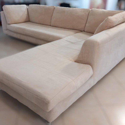Corner sofa used, beige stain-resistant suede