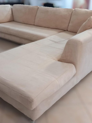 Corner sofa used, beige stain-resistant suede