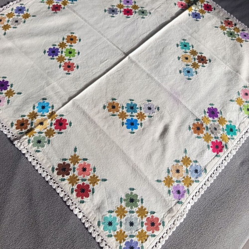 Vintage handmade tablecloth with colorful embroidered flowers like new
