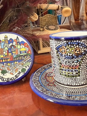 Jerusalem souvenir cup and saucer set, handmade