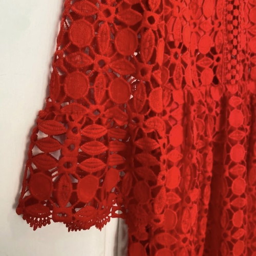 Red dress long-sleeve lace embroidery bell sleeve, lined, regular fit