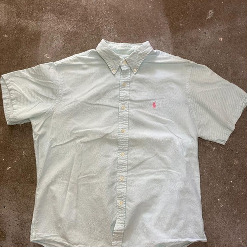 Ralph Lauren Short Sleeve Shirt XL Oxford Light Blue White Pinstripe Pink Logo