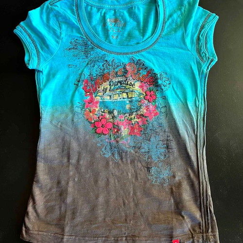 Esprit T-shirt used, turquoise and brown ombre with embroidery and strass, size S