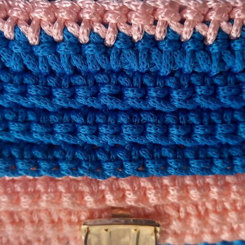 Handmade knitted women's bag blue and pink with pearl chain and metal clasp new