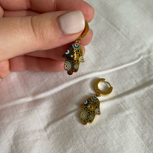 Gold earrings with Fatima hand design and black, blue, white details, new