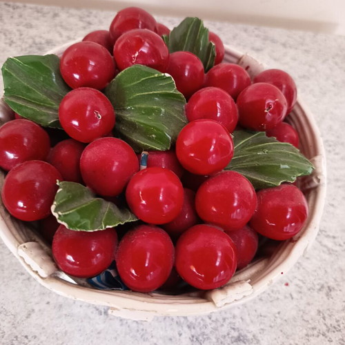 Vintage decorative basket with cherries and leaves used, ceramic porcelain