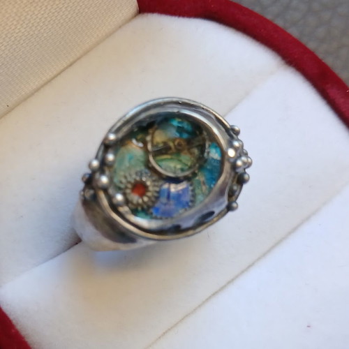 Silver 925 ring with gears and enamel, handmade, like new