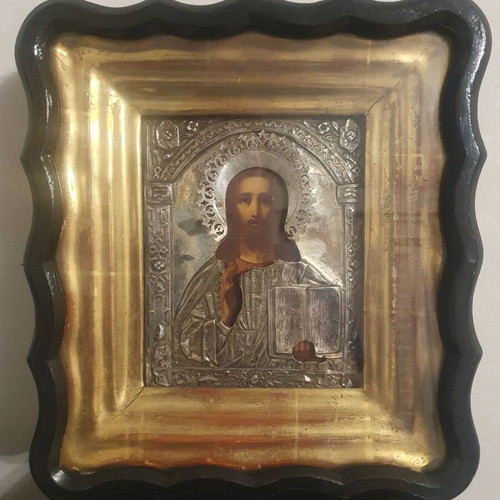 Old Russian Jesus Icon used in wooden frame with glass