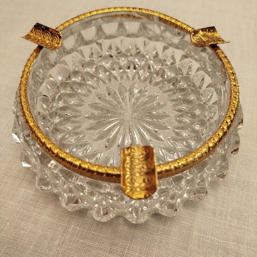Vintage crystal ashtray with brass gold-plated rim, like new