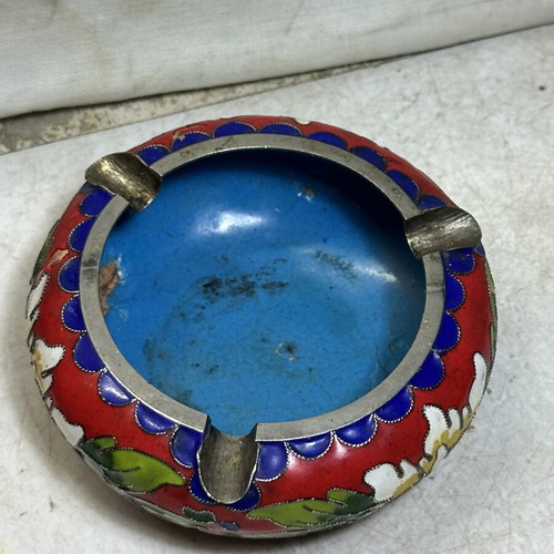 Vintage Cloisonné Ashtray with Floral Motifs, used, 10×4 cm