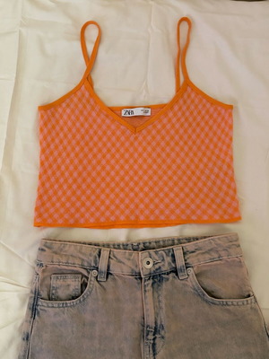 Zara knitted crop top gingham orange-pink Small like new