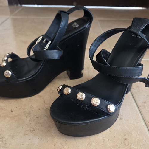 Versace Jeans Black Leather Wedge Platform Sandals like new