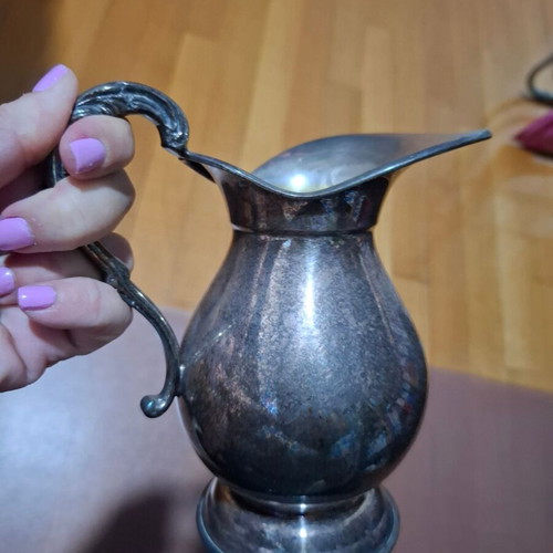 Vintage Lambros Metal Pitcher with Embossed Handle and Classic Curve