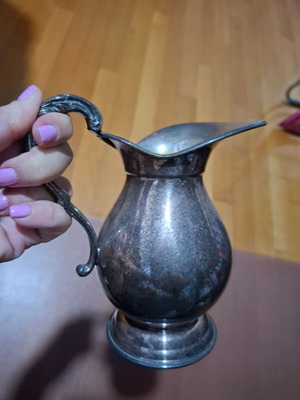 Vintage Lambros Metal Pitcher with Embossed Handle and Classic Curve