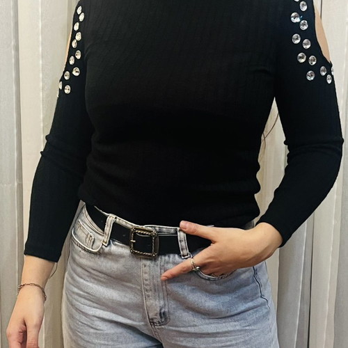 Black blouse used with shoulder cutouts and missing rhinestones